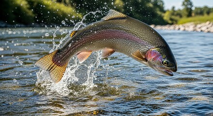 Rainbow trout jumping out of water, close up of fish, fishing, wildlife, nature, river, splash shot