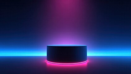 Minimal abstract background with blue and pink neon lights, a podium for product presentation or virtual showcase in e-commerce, high resolution, detailed.