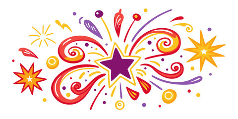 Celebrate success with vibrant bursts of colorful star explosions and festive confetti creating an energetic and joyful atmosphere perfect for promotions and parties