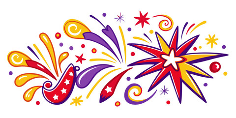 Explosive celebration design with vibrant bursts of color, stars, and festive confetti creating an energetic and joyful visual for parties and events, perfect for invitations and decorations.