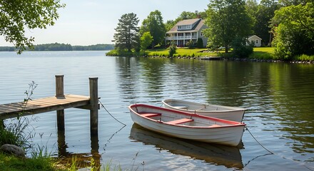 Obraz premium Two small rowboats tied to a rustic wooden dock on a calm lake, with a traditional house in the background