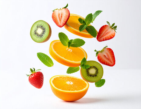 Freshly Sliced Oranges Strawberries And Kiwi Fruits With Mint Leaves