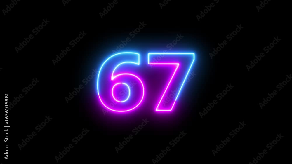 Poster neon text 67 number countdown icon background 4k animation.