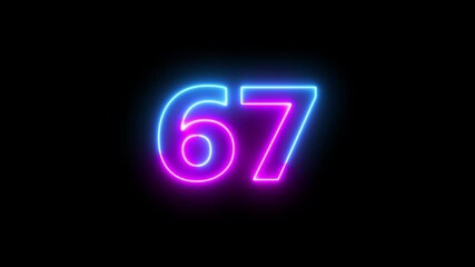 Neon text 67 number countdown icon background 4k animation. - Powered by Adobe