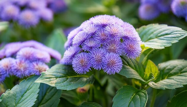 closeup of purple ageratum flowers blooming with green leaves in a garden