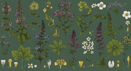 Detailed Botanical Illustration of Various Flowers on Green Background