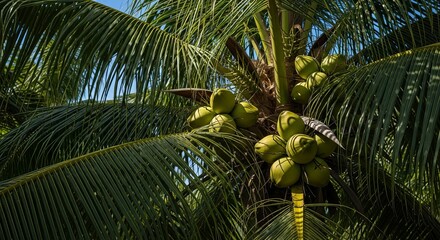 Fototapeta premium Exploring tropical paradise: a close up view of a lush coconut tree with fresh green coconuts