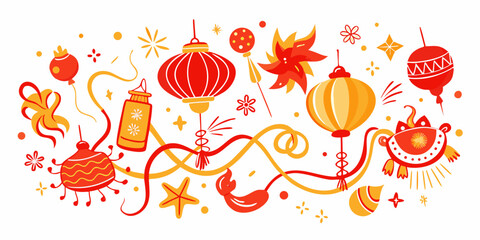 Vibrant celebratory banner bursts with festive red and gold lanterns, ribbons, and whimsical decorations perfect for cultural events and joyful occasions