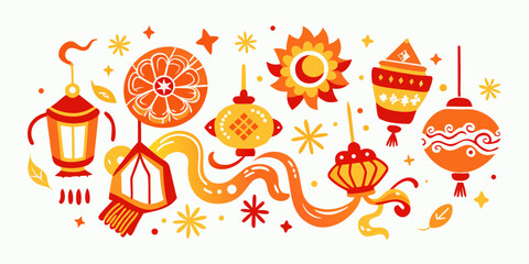 Vibrant collection of festive lanterns and celestial motifs in warm orange and yellow hues, evoking celebration and joy for cultural events and holidays