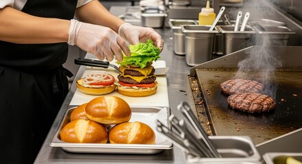 Making a delicious double cheeseburger: food preparation, restaurant cooking, burger assembly process