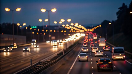 Blurred lights of highway traffic at night, showcasing the fastpaced urban transportation with cars in motion, creating a dynamic and modern scene of city life during rush hour