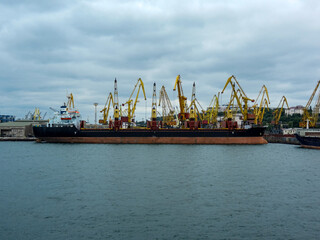 Cargo ship in the port of Odessa, Ukraine, Europe. Editorial use only. Selective focus. Odessa 2015
