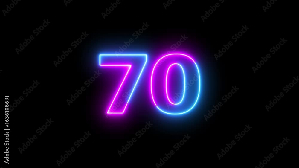Poster neon text 70 number countdown icon background 4k animation.