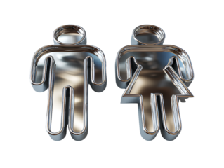 Angled View of Metallic Male and Female Gender Symbols with Reflections, Floating Composition, Isolated on Transparent Background