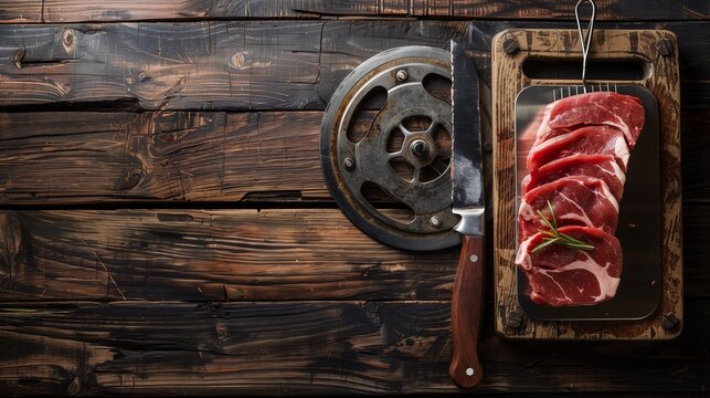 professional meat slicer with tray on dark wood background - Powered by Adobe