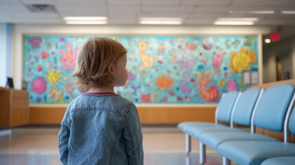 Focused medium shot of a toddler gazing at a vibrant vaccine mural inside a welllit primary care clinic