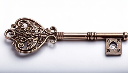 detailed close up of an ornate metallic antique key with floral swirls on white