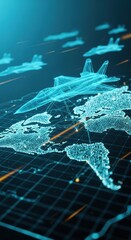 Futuristic visualization of fighter jets flying over a digital world map, depicting global connectivity and tech.
