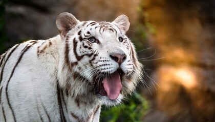 Naklejka premium white tiger roars exposing teeth and tongue with a blurred background
