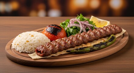 A beautifully presented plate featuring Turkish kofte kebab with rice and fresh salad.