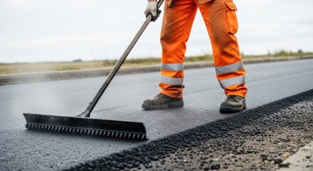 A road worker smoothing hot asphalt with a rake during road construction.