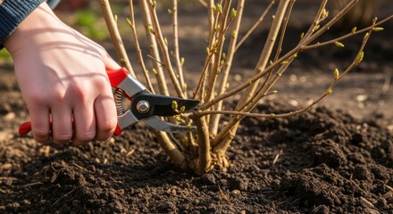 A person expertly prunes a small bush using sharp pruning shears in a sunny garden.
