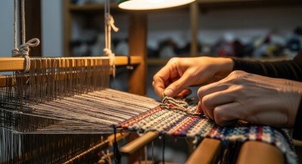 A weaver's hands carefully crafting a textile design on a wooden loom with colorful threads.