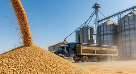 Grain pours into a truck at a farm, ready for transportation and commercial use.