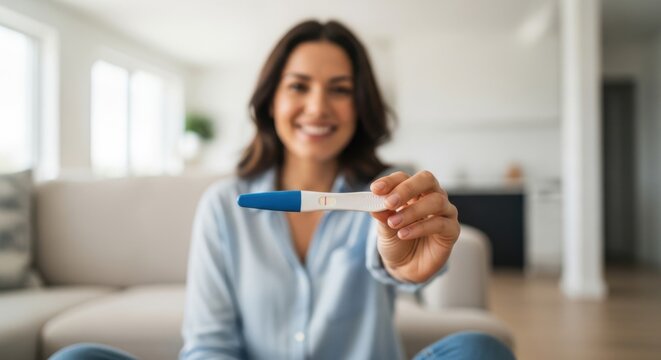 A happy woman smiles as she shows off a positive pregnancy test.