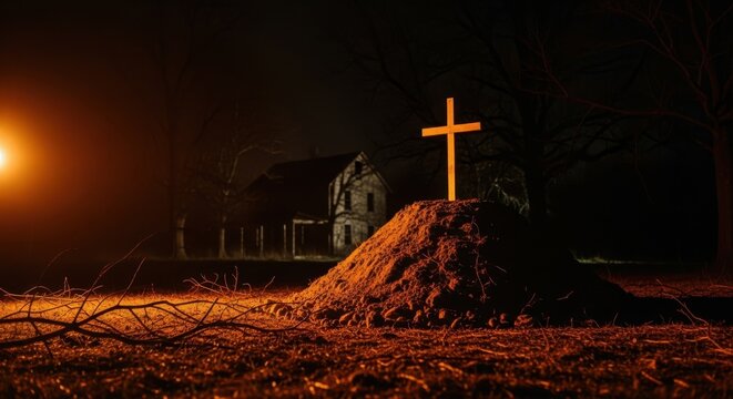 A solitary cross stands on a mound in a dark, eerie night scene, casting an orange glow.