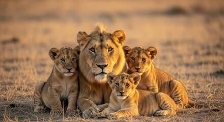 A loving lioness and her cubs bask in the warm glow of the setting sun.