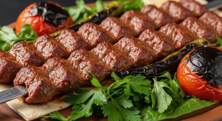 Grilled Turkish kebab served with roasted tomatoes and fresh herbs on a wooden board.