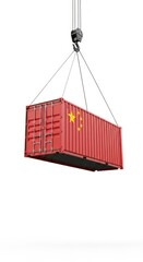 A shipping container with the Chinese flag is lifted by a crane hook, representing global trade and import.