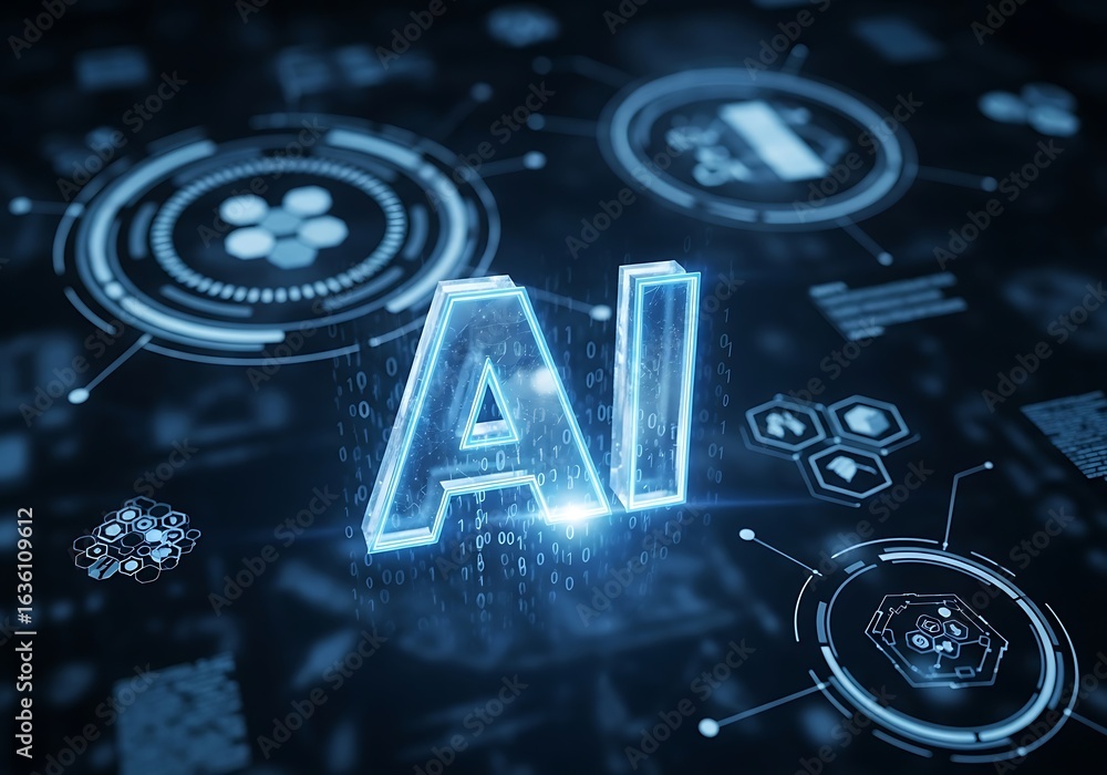 Poster futuristic ai technology illustration with digital graphics and user interface