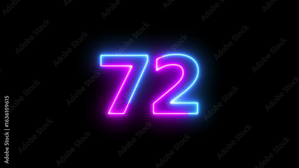Poster glowing neon text 72 number countdown icon background 4k animation.