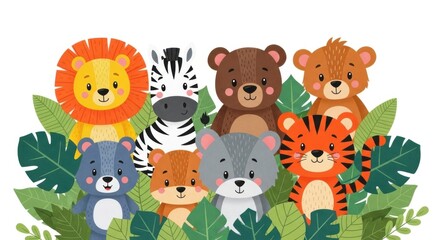 Fototapeta premium A delightful cartoon illustration of various adorable jungle animals surrounded by lush green foliage.
