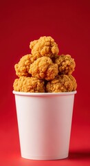 Delicious fried chicken nuggets in a white cup, set against a red backdrop.