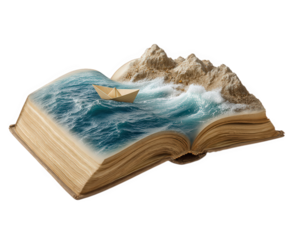 Open book paper boat ocean wave mountain creative imagination adventure fantasy surreal isolated. An open book with paper boat floating ocean waves and mountains symbolizing creativity