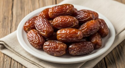 A close-up shot of a plate filled with delicious, ripe dates ready to eat.