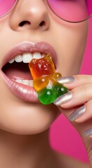 Woman enjoying a colorful gummy bear, close-up with pink sunglasses.