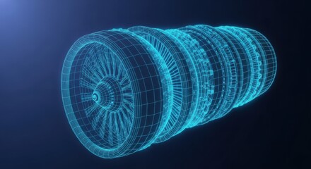Intricate digital illustration showcasing the detailed wireframe of a jet engine in a futuristic style.