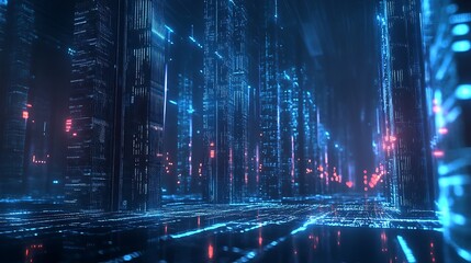 A dark futuristic landscape with glowing data channels and blockchain pillars 