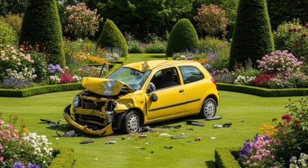 A damaged yellow car sits in a beautiful garden setting after a collision