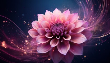 mystical pink dahlia bloom with abstract particles on dark background creative floral art for modern design