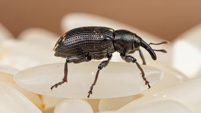 Macro photo of a black rice weevil pest standing on a single uncooked grain of rice, illustrating food contamination.