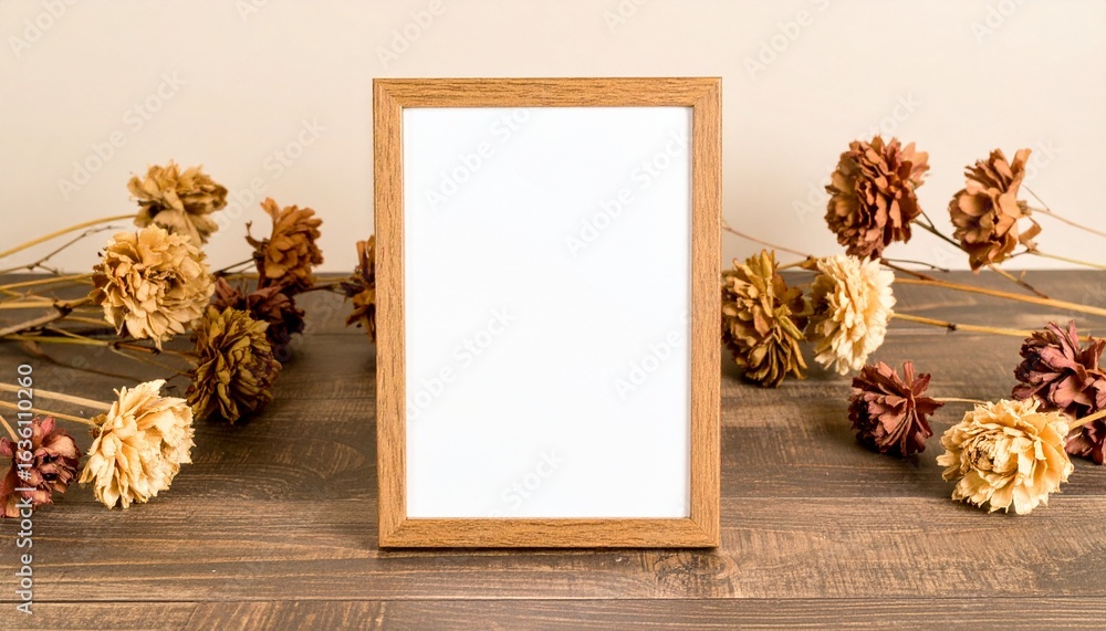 Poster wooden frame with dried flowers on a rustic table creating a warm autumn scene