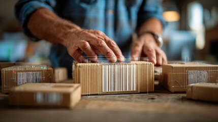 Close up of warehouse worker hands scanning barcodes on cardboard boxes using augmented reality software, innovative technology for logistics and inventory management
