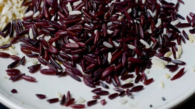 rich 4k close up view deep purple riceberry grains gently mixing white jasmine rice highlighting their contrast texture ideal culinary visuals food diversity
