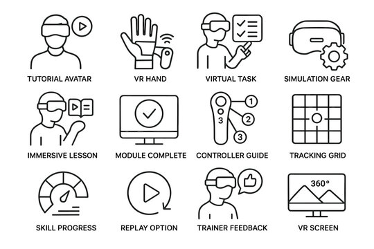 Virtual reality training icons: vr hand, simulation gear, immersive lessons, skill progress