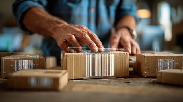 Close up of warehouse worker hands scanning barcodes on cardboard boxes using augmented reality software, innovative technology for logistics and inventory management